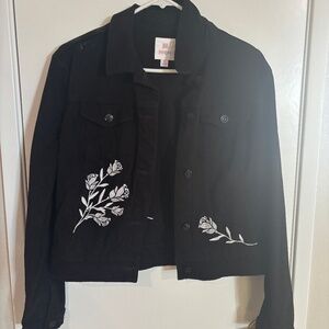 LuLaRoe Harvey Black Denim Crop Jacket with White Embroidered Roses
